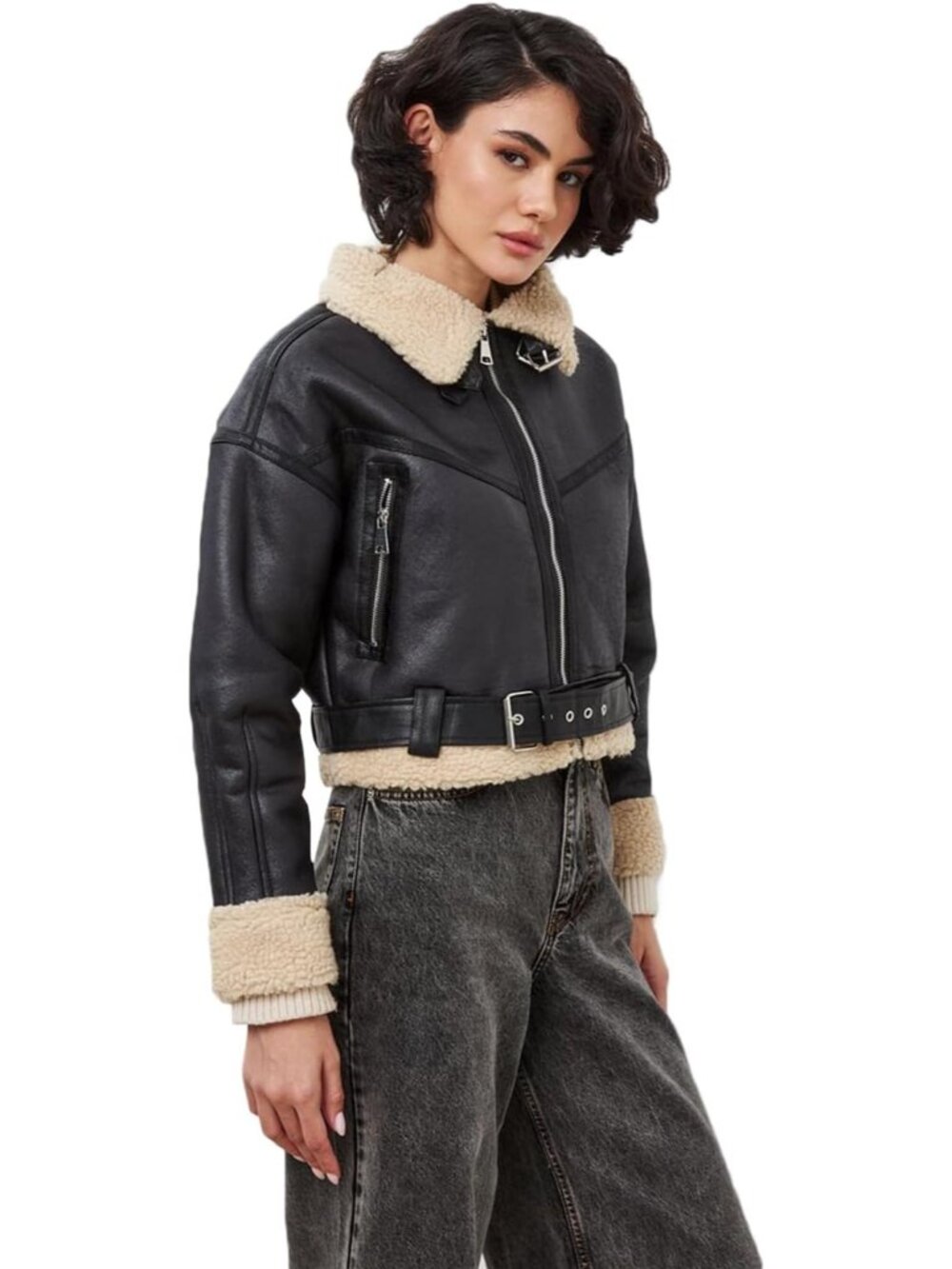 Womens Black Brown Faux Lamb Leather Short Jacket Loose Lapel Zipper Bomber Coat